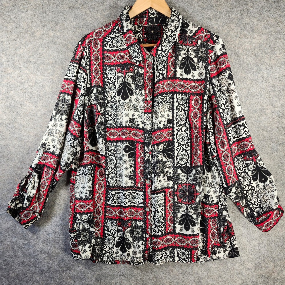 Patchwork Floral Paisley Red Black White Button Up Blouse Women Office Colorful‎